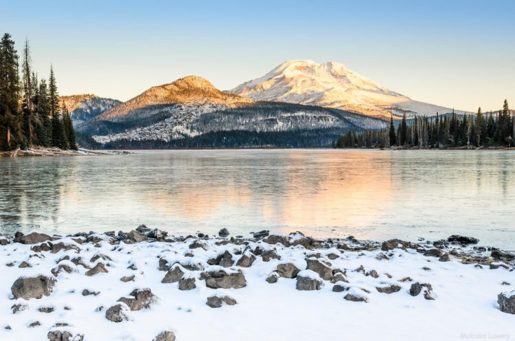 winter, Snow, Mountains, Trees, River HD Wallpaper Desktop Background