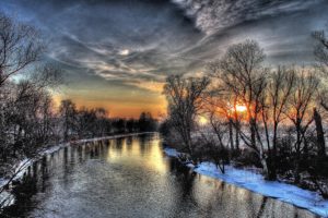 river, Trees, Winter, Snow, Sunset