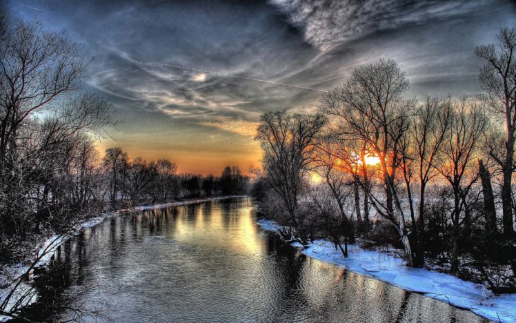 river, Trees, Winter, Snow, Sunset HD Wallpaper Desktop Background