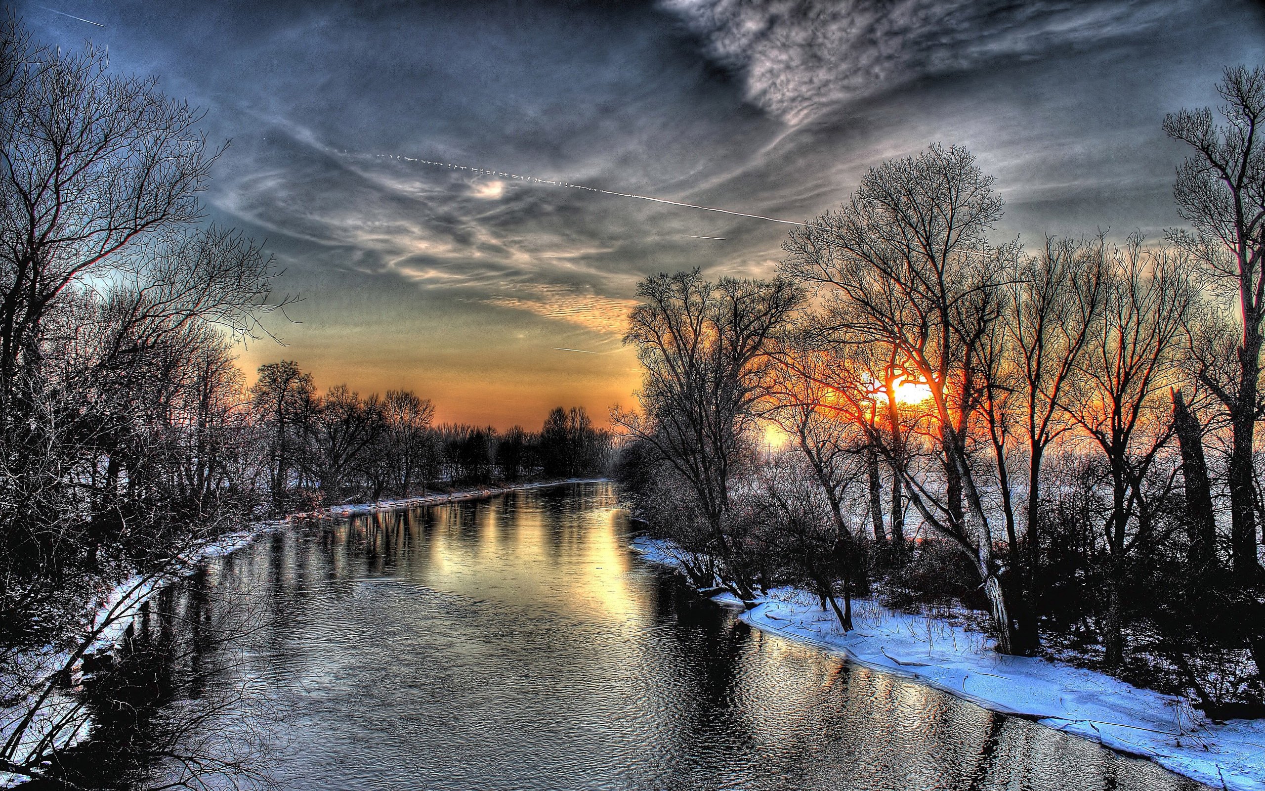 river, Trees, Winter, Snow, Sunset Wallpaper