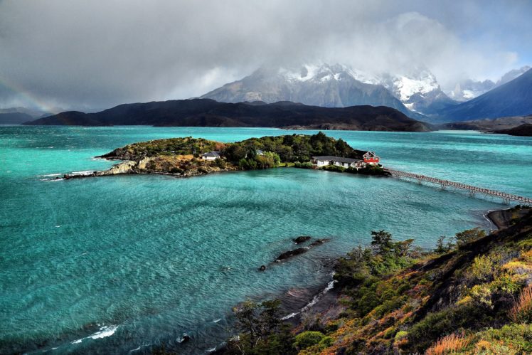 chile, Lake, Mountains, Island, Coast, Bridges, Pehoe, Lake, Patagonia, Nature HD Wallpaper Desktop Background