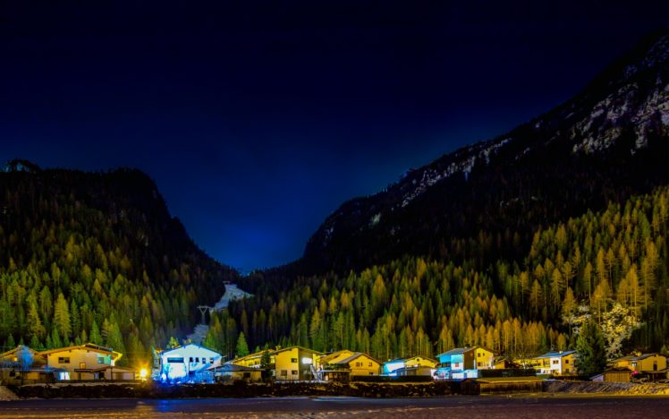 austria, Mountains, Forests, Houses, Night, Huben, Tyrol, Nature HD Wallpaper Desktop Background