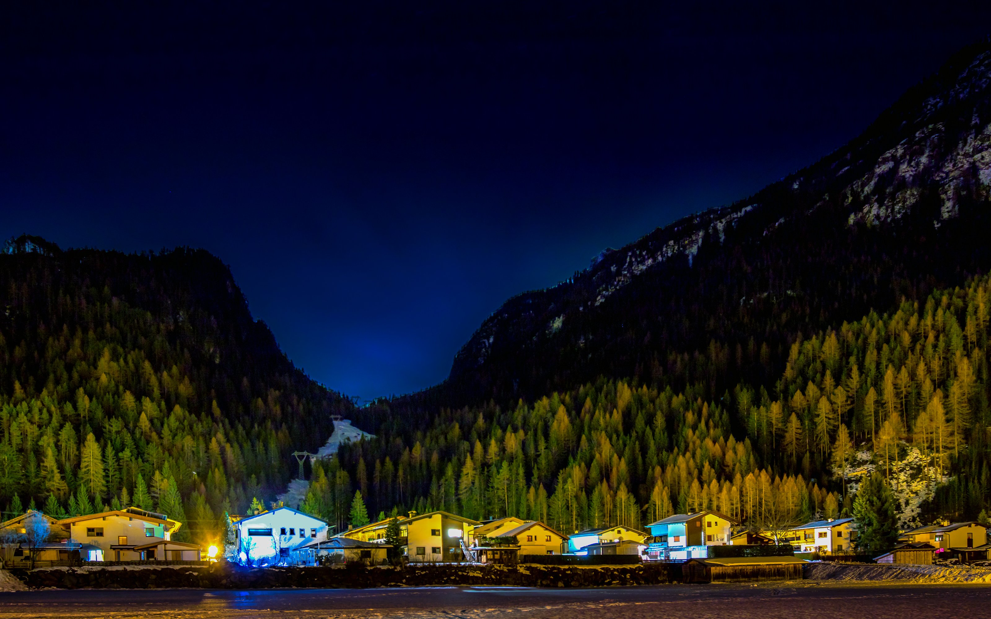 austria, Mountains, Forests, Houses, Night, Huben, Tyrol, Nature Wallpaper