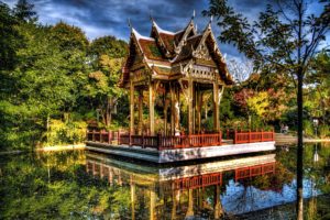 germany, Gardens, Pond, Pagodas, Trees, Hdr, Sendling westpark, Munich, Nature