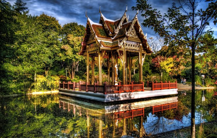 germany, Gardens, Pond, Pagodas, Trees, Hdr, Sendling westpark, Munich, Nature HD Wallpaper Desktop Background