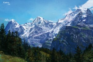 mountains, Painting, Art