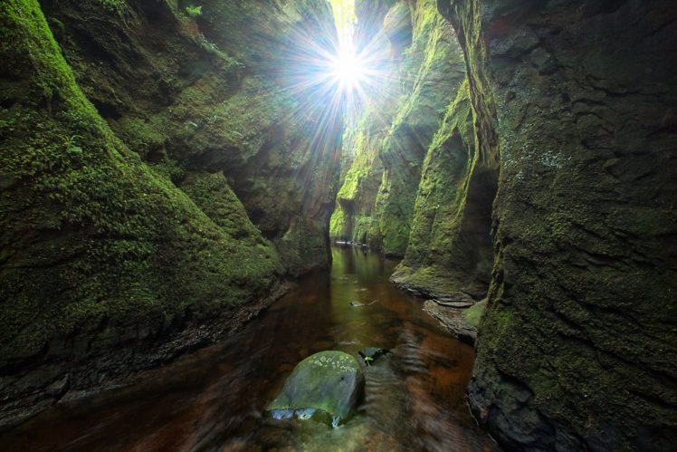 scotland, Cave, Crag, Moss, Rays, Of, Light, Finnich, Gorge, Craighat, Nature HD Wallpaper Desktop Background