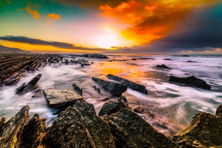 sunrises, And, Sunsets, Sea, Stones, Nature HD Wallpaper Desktop Background