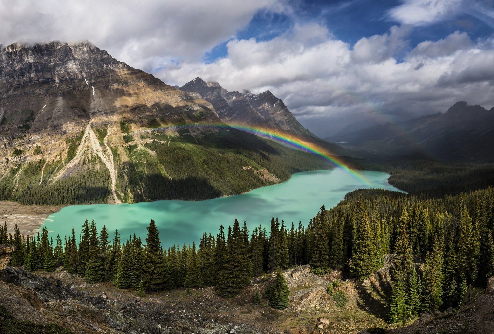 mountains, Scenery, Forests, Lake, Canada, Rainbow, Nature Wallpaper