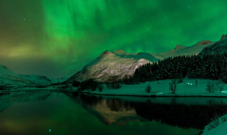 norway, Scenery, Mountains, Lake, Winter, Snow, Night, Svolvaer, Nature HD Wallpaper Desktop Background