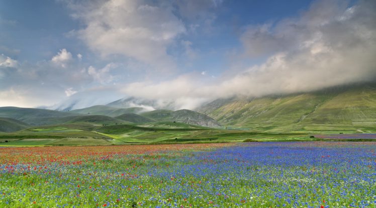 scenery, Sky, Grasslands, Mountains, Italy, Clouds, Umbria, Castelluccio, Nature HD Wallpaper Desktop Background