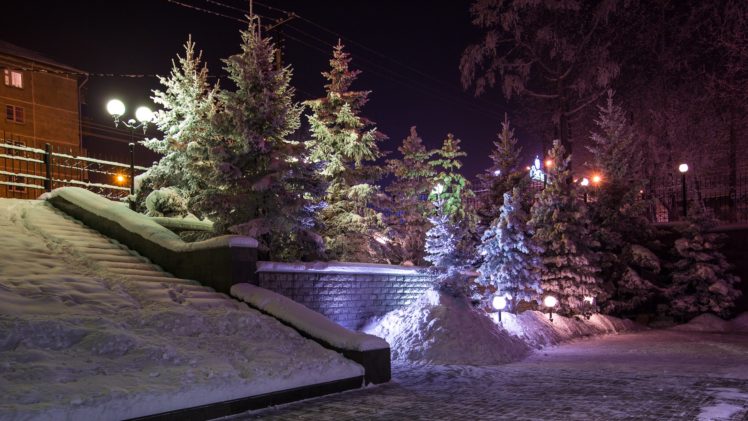 russia, Winter, Snow, Fir, Night, Street, Lights, Nature HD Wallpaper Desktop Background