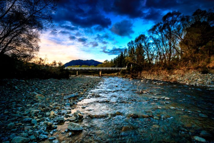 new, Zealand, Rivers, Bridges, Stones, Evening, Clouds, Nature HD Wallpaper Desktop Background