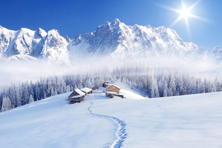 winter, Mountains, Snow, Fir, Rays, Of, Light, Nature HD Wallpaper Desktop Background