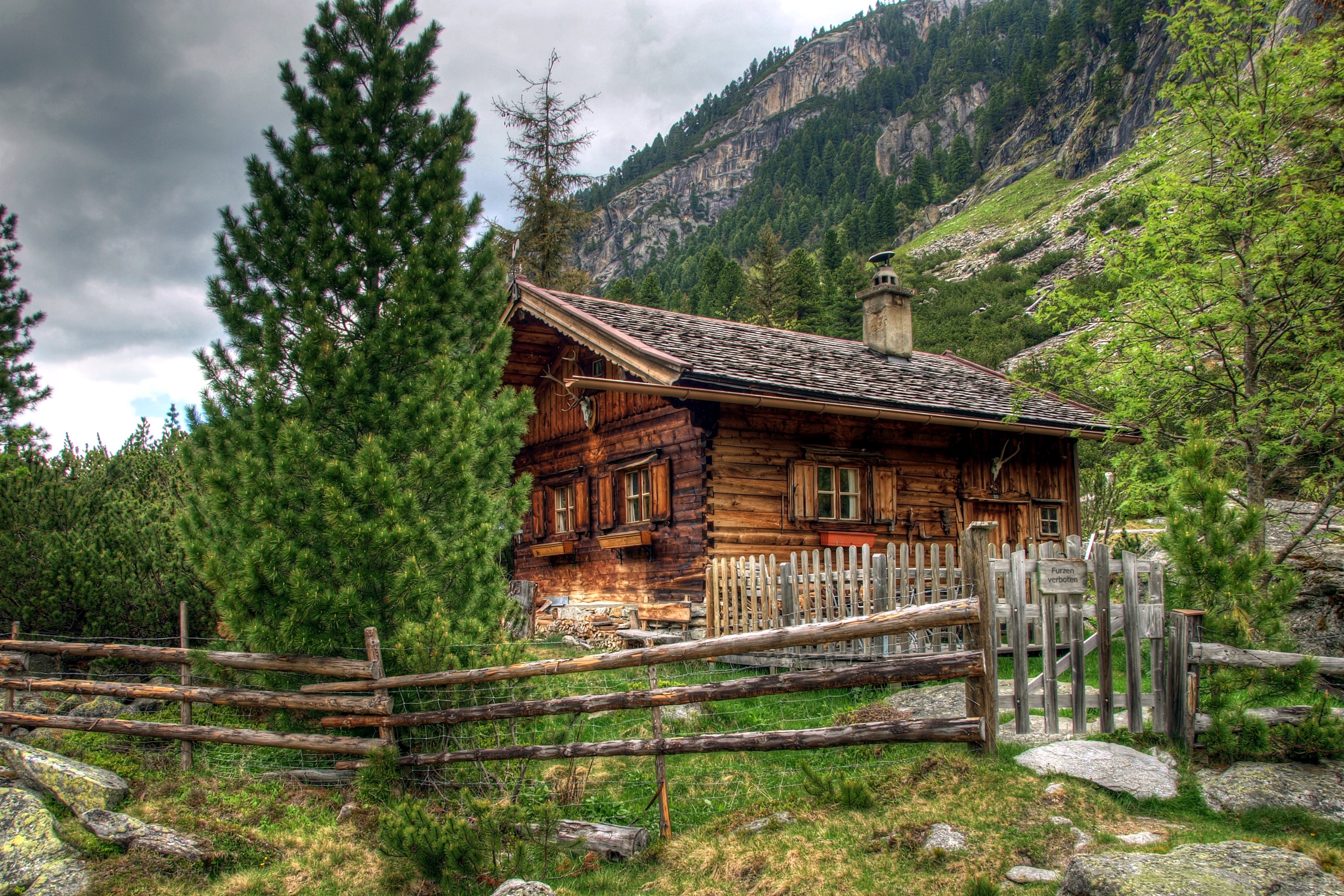 ustria, Houses, Mountains, Alps, Fir, Fence, Nature Wallpaper