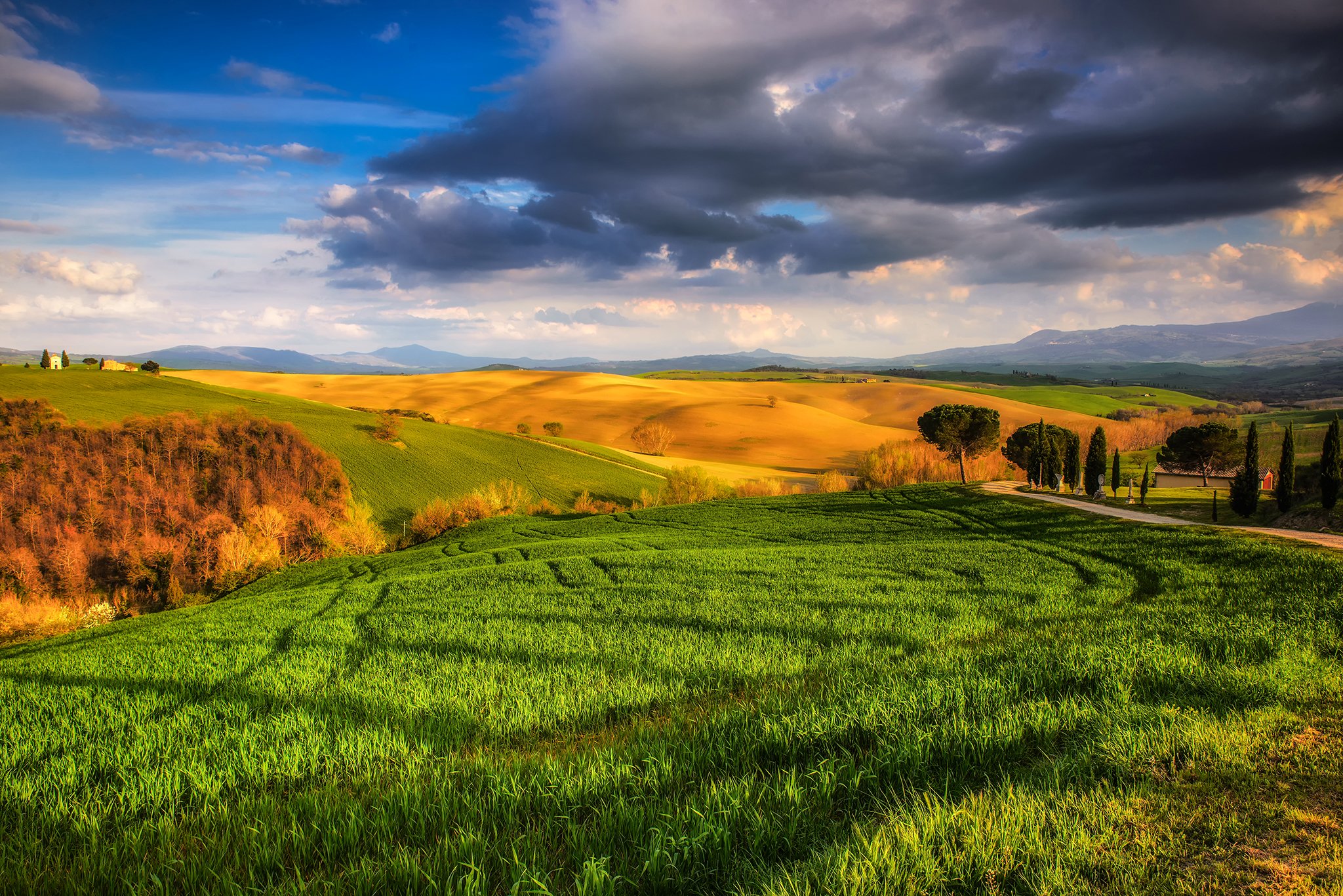 italy, Scenery, Fields, Sky, Clouds, Grass, Tuscany, Nature Wallpaper