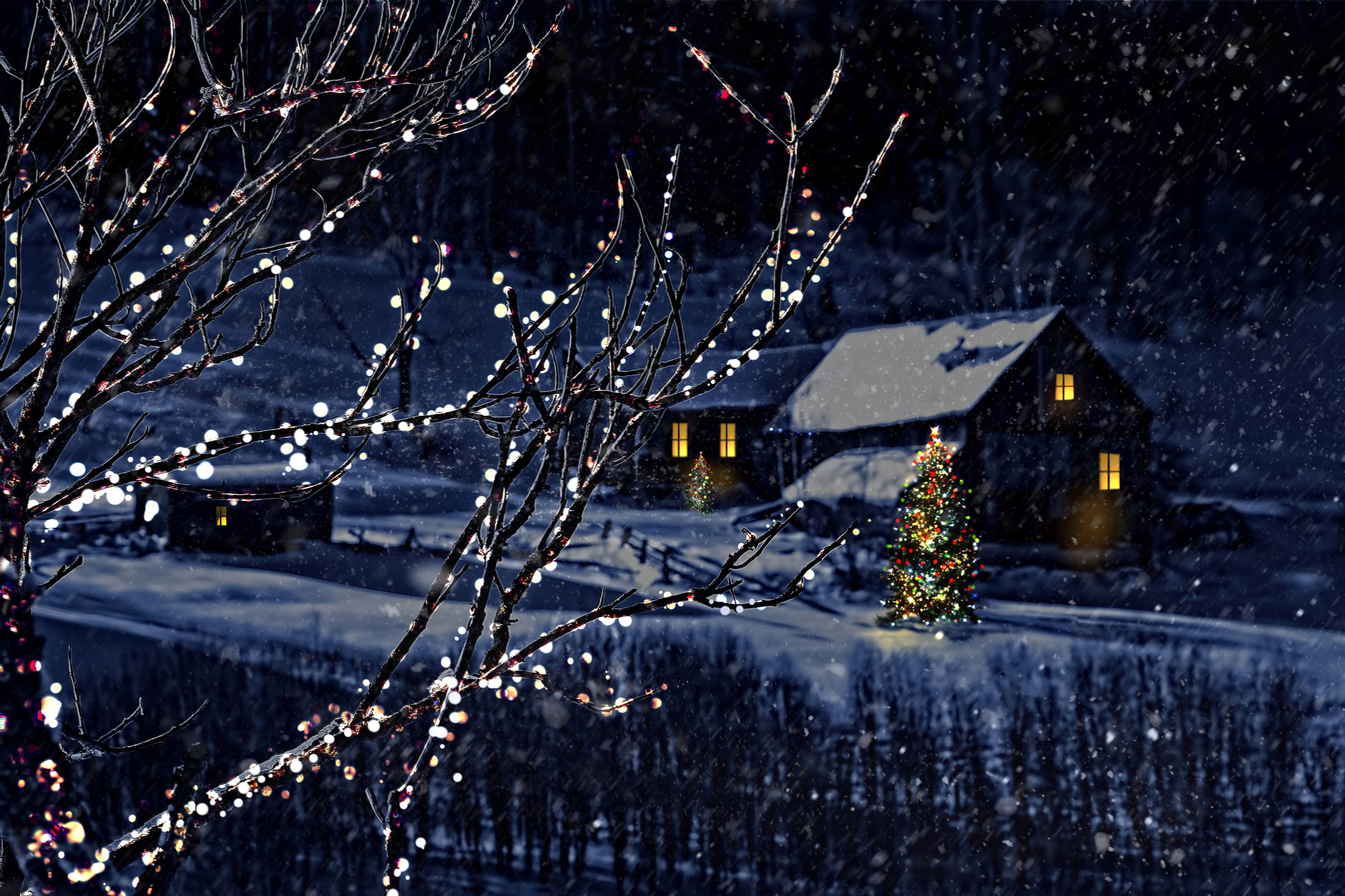 winter, Houses, Christmas, Snow, Snowflakes, Night, Christmas, Tree, Branches, Nature Wallpaper