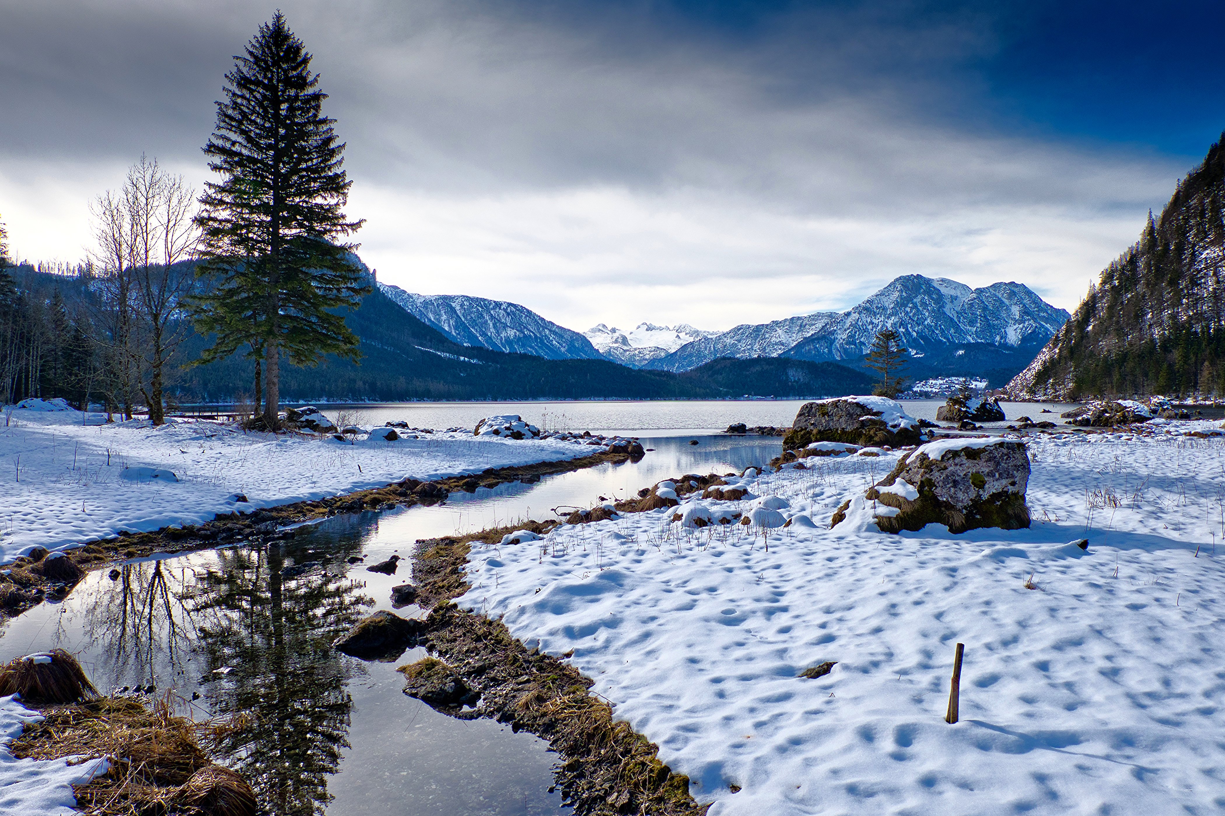 austria, Winter, Mountains, Lake, Scenery, Snow, Fir, Altaussee, Styria, Nature Wallpaper