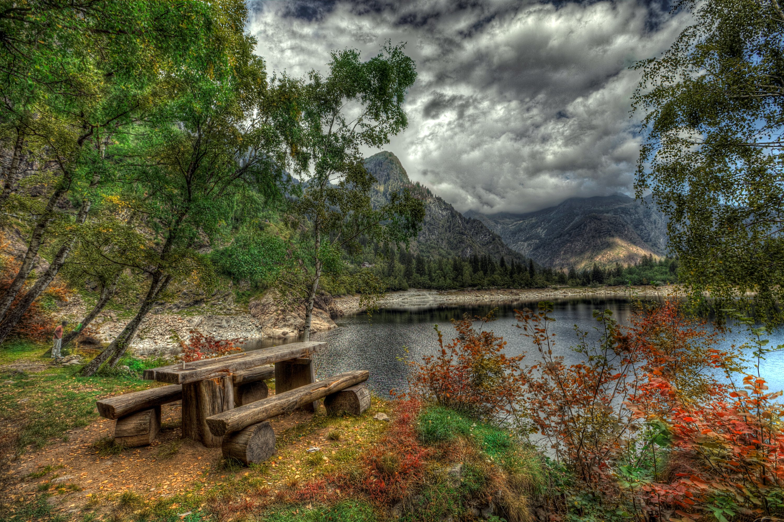 italy, Lake, Mountains, Hdr, Trees, Table, Bench, Clouds, Antrona, Schieranco, Piedmont, Nature Wallpaper