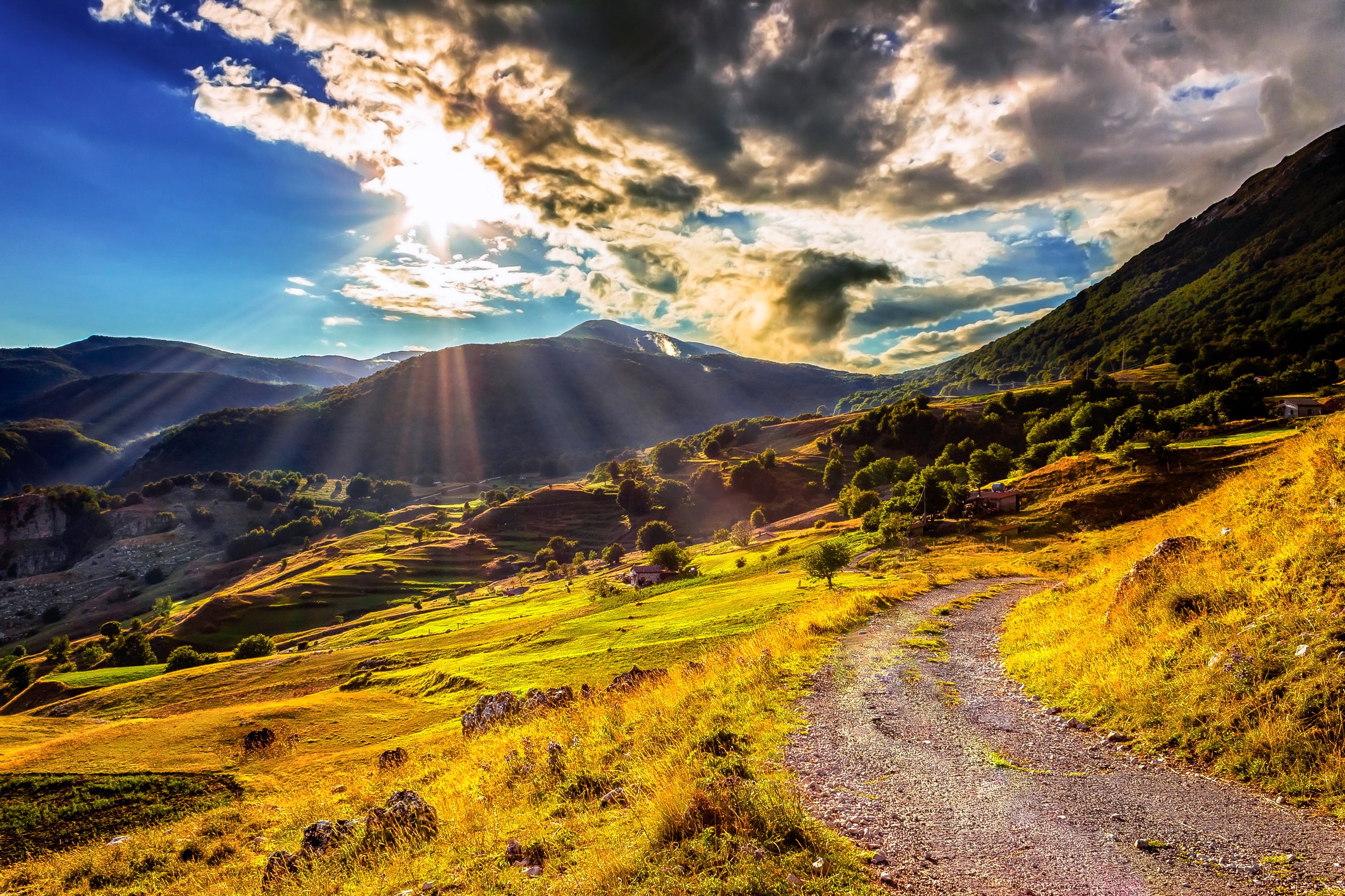 scenery, Mountains, Grasslands, Clouds, Rays, Of, Light, Trail, Nature
