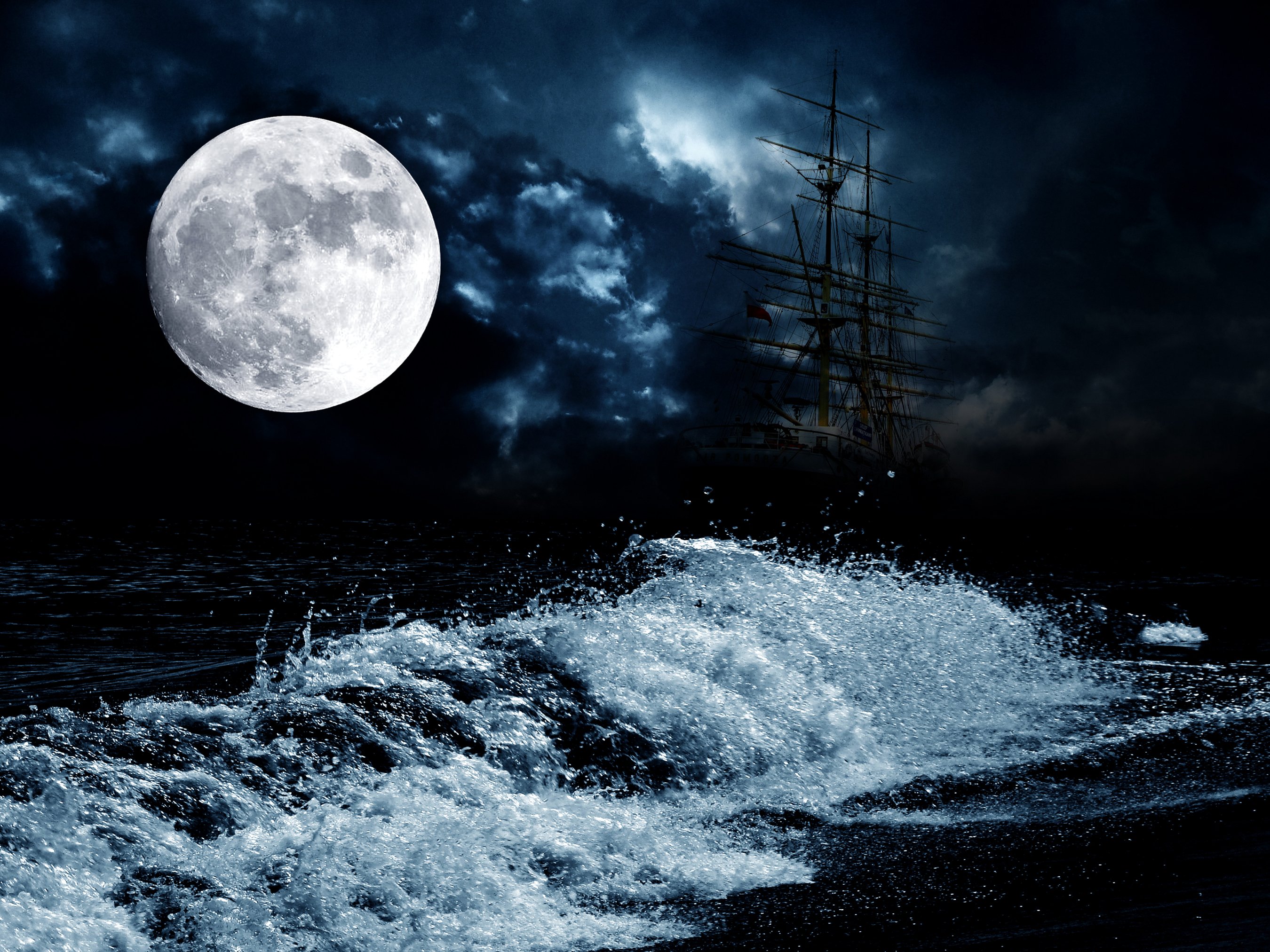 sea, Sailing, Waves, Ships, Moon, Night, Nature Wallpaper