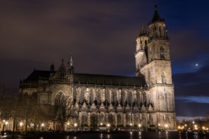 germany, Temples, Night, Street, Lights, Cathedral, Magdeburg, Cities