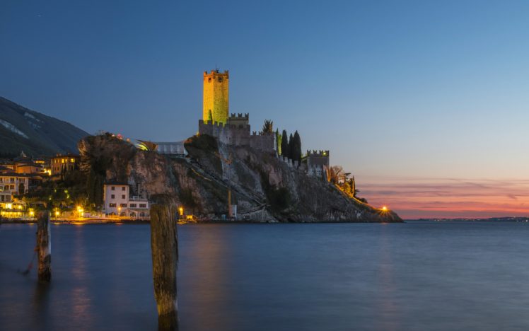 italy, Houses, Castles, Sea, Crag, Night, Street, Lights, Malcesine, Veneto, Cities HD Wallpaper Desktop Background