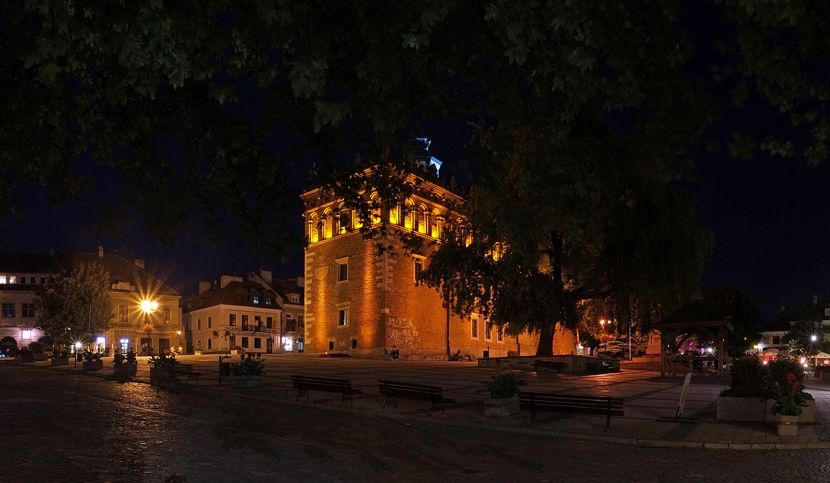 poland, Houses, Temples, Street, Night, Street, Lights, Sandomierz, Cities Wallpaper
