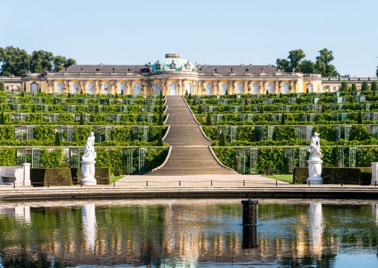 germany, Sculptures, Palace, Design, Stairs, Shrubs, Palace, Sanssouci, Potsdam, Cities HD Wallpaper Desktop Background