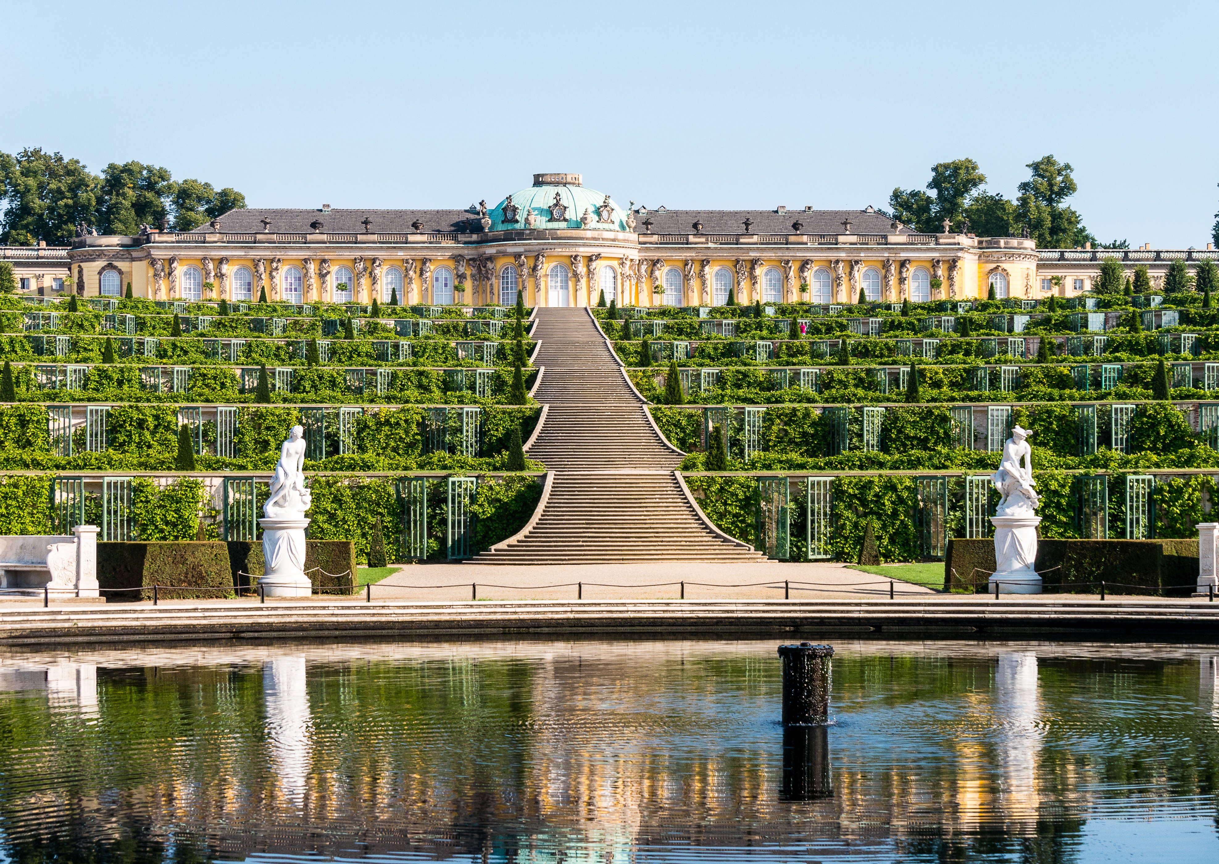 germany, Sculptures, Palace, Design, Stairs, Shrubs, Palace, Sanssouci, Potsdam, Cities Wallpaper