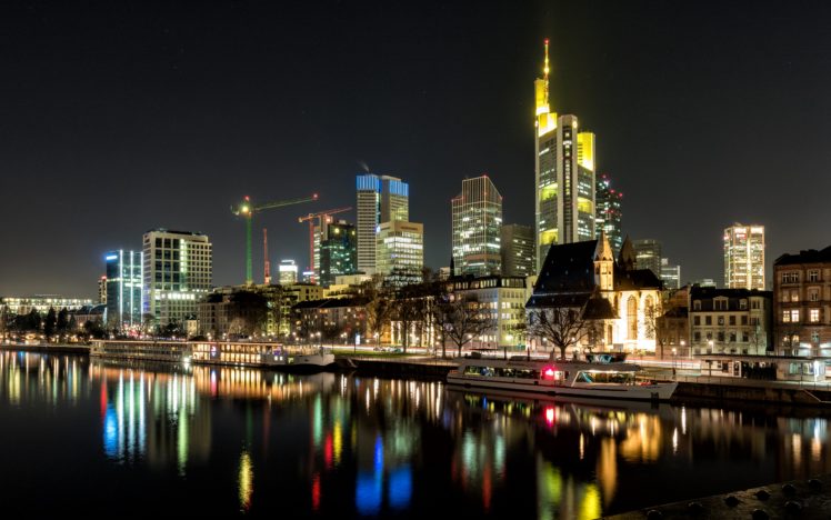 germany, Houses, Rivers, Marinas, Ships, Night, Frankfurt, Cities HD Wallpaper Desktop Background