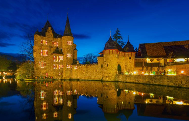 germany, Castles, Rivers, Night, Street, Lights, Wasserburg, Satzvey, Cities HD Wallpaper Desktop Background