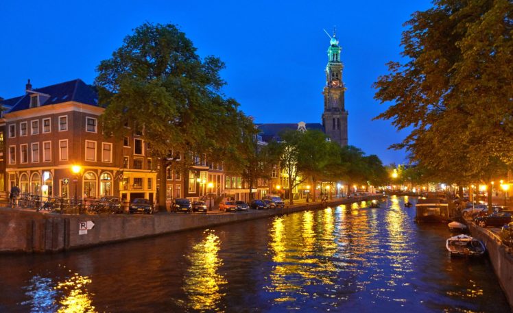 houses, Netherlands, Canal, Street, Lights, Amsterdam, Cities HD Wallpaper Desktop Background