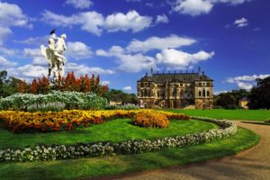 dresden, Germany, Parks, Sculptures, Palace, Lawn, Shrubs, Clouds, Cities