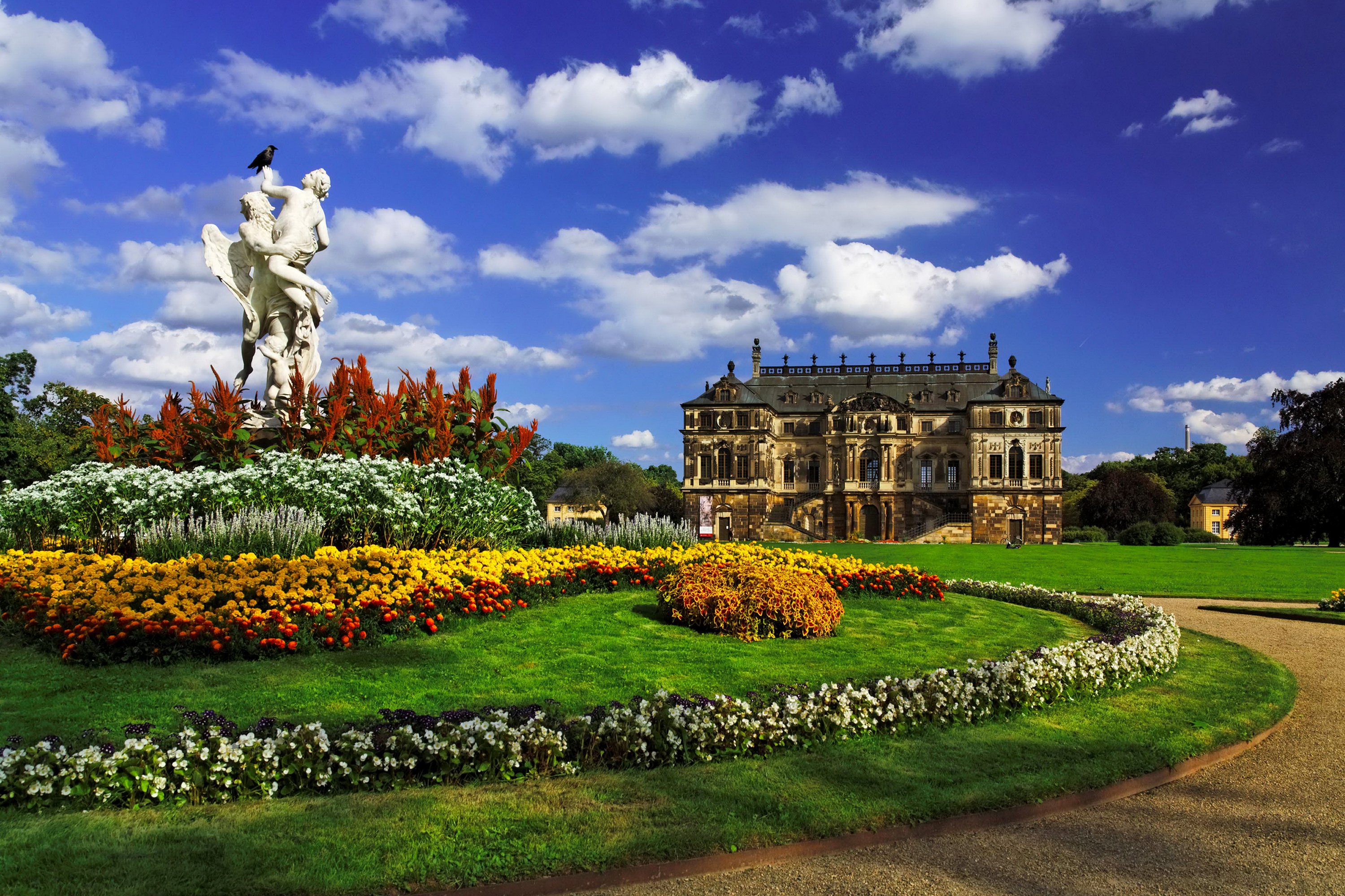 dresden, Germany, Parks, Sculptures, Palace, Lawn, Shrubs, Clouds, Cities Wallpaper