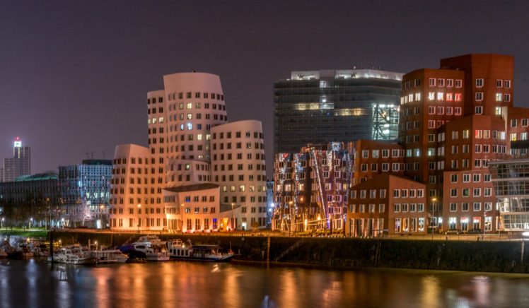 germany, Houses, Rivers, Marinas, Night, Dusseldorf, Cities HD Wallpaper Desktop Background