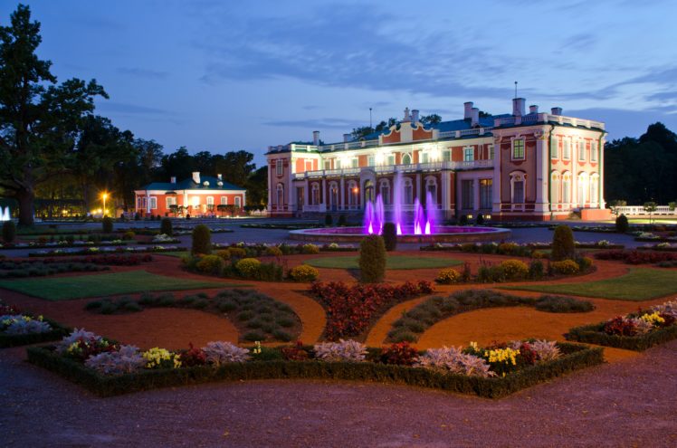 estonia, Fountains, Palace, Night, Lawn, Kadriorg,  catharinenthal , Palace, Tallinn, Cities HD Wallpaper Desktop Background