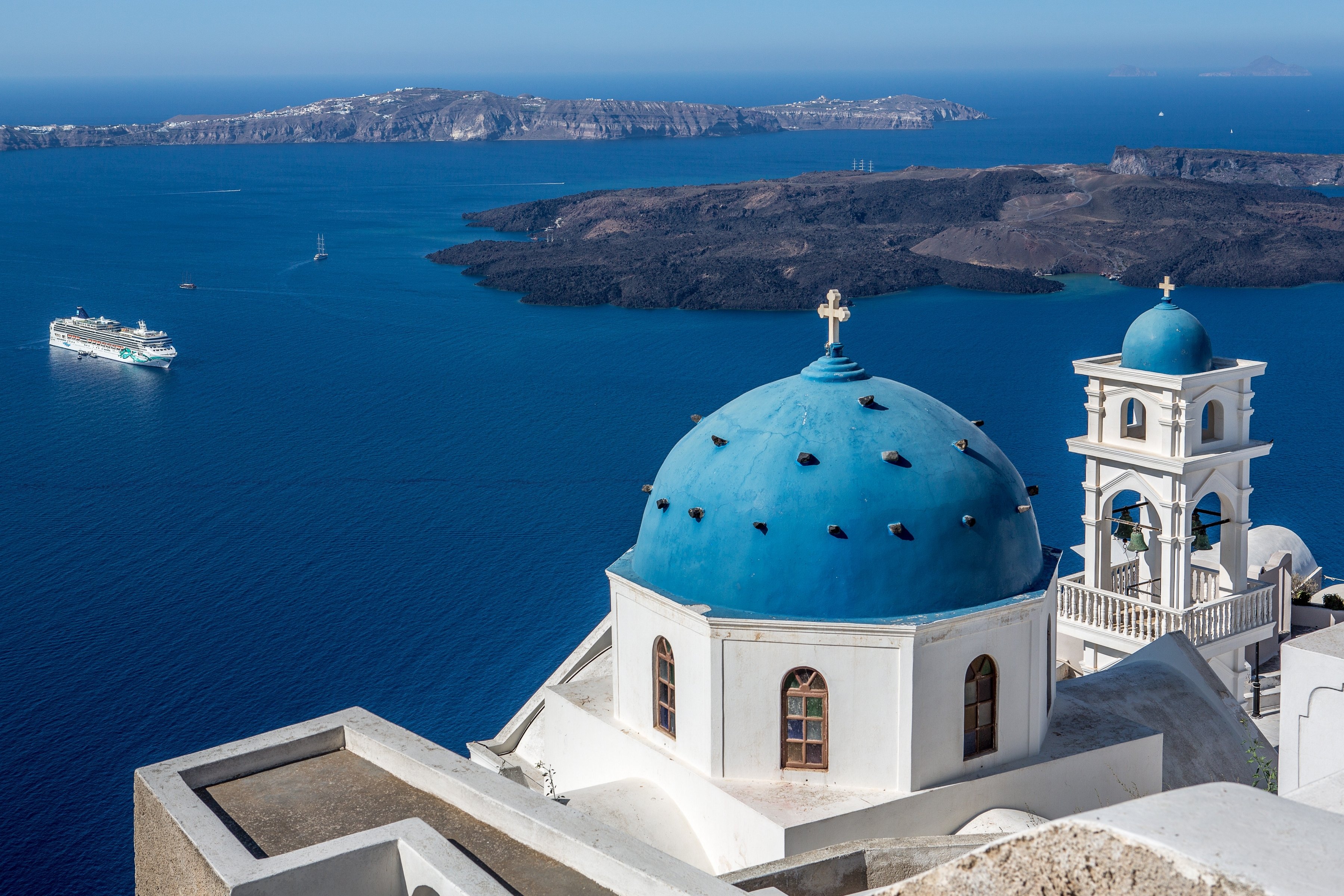 greece, Houses, Sea, Imerovigli, Santorini, Aegean, Church, Of, Ai stratis, Cities Wallpaper