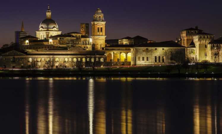 italy, Houses, Rivers, Night, Mantua, Lombardy, Cities HD Wallpaper Desktop Background