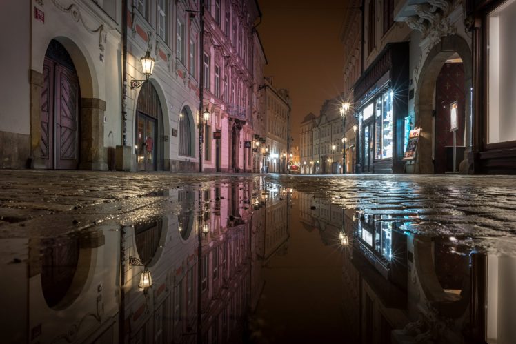 prague, Czech, Republic, Houses, Street, Night, Street, Lights, Puddle, Cities HD Wallpaper Desktop Background