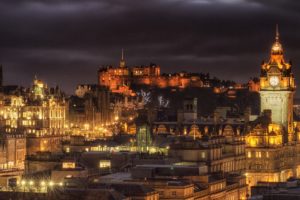 scotland, Houses, Castles, Clock, Night, Street, Lights, Edinburgh, Castle, Cities