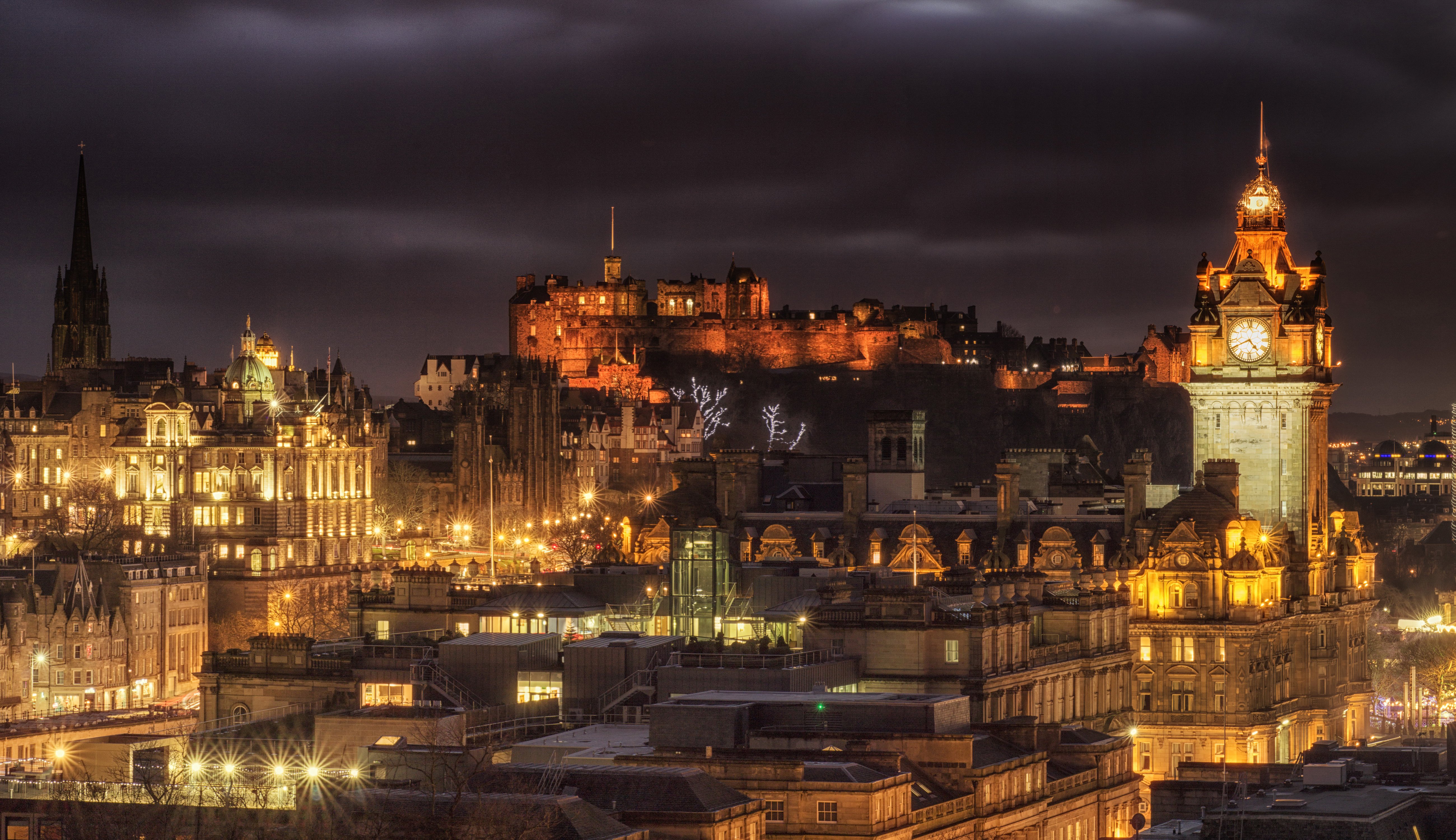 scotland, Houses, Castles, Clock, Night, Street, Lights, Edinburgh, Castle, Cities Wallpaper