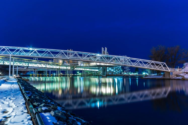 canada, Rivers, Bridges, Winter, Night, Ontario, Cities HD Wallpaper Desktop Background