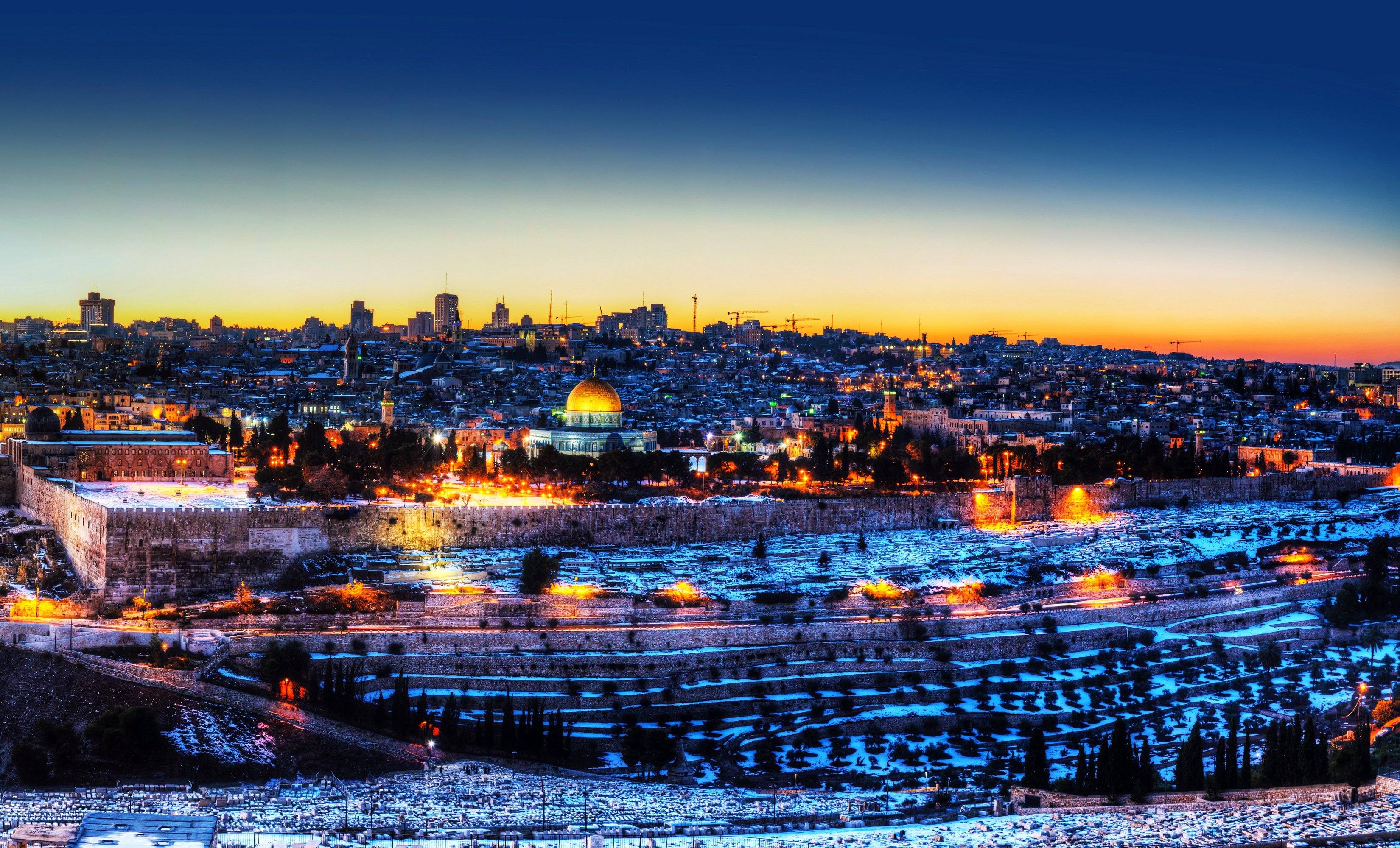 israel, Houses, Temples, Winter, Night, Street, Lights, Jerusalem, Cities Wallpaper