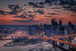evening, Bridges, Houses, Usa, Clouds, Pennsylvania, Pittsburgh, Cities