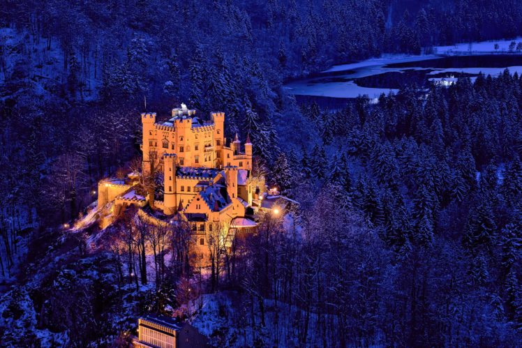 germany, Castle, Forests, Winter, Night, Street, Lights, Hohenschwangau, Cities HD Wallpaper Desktop Background
