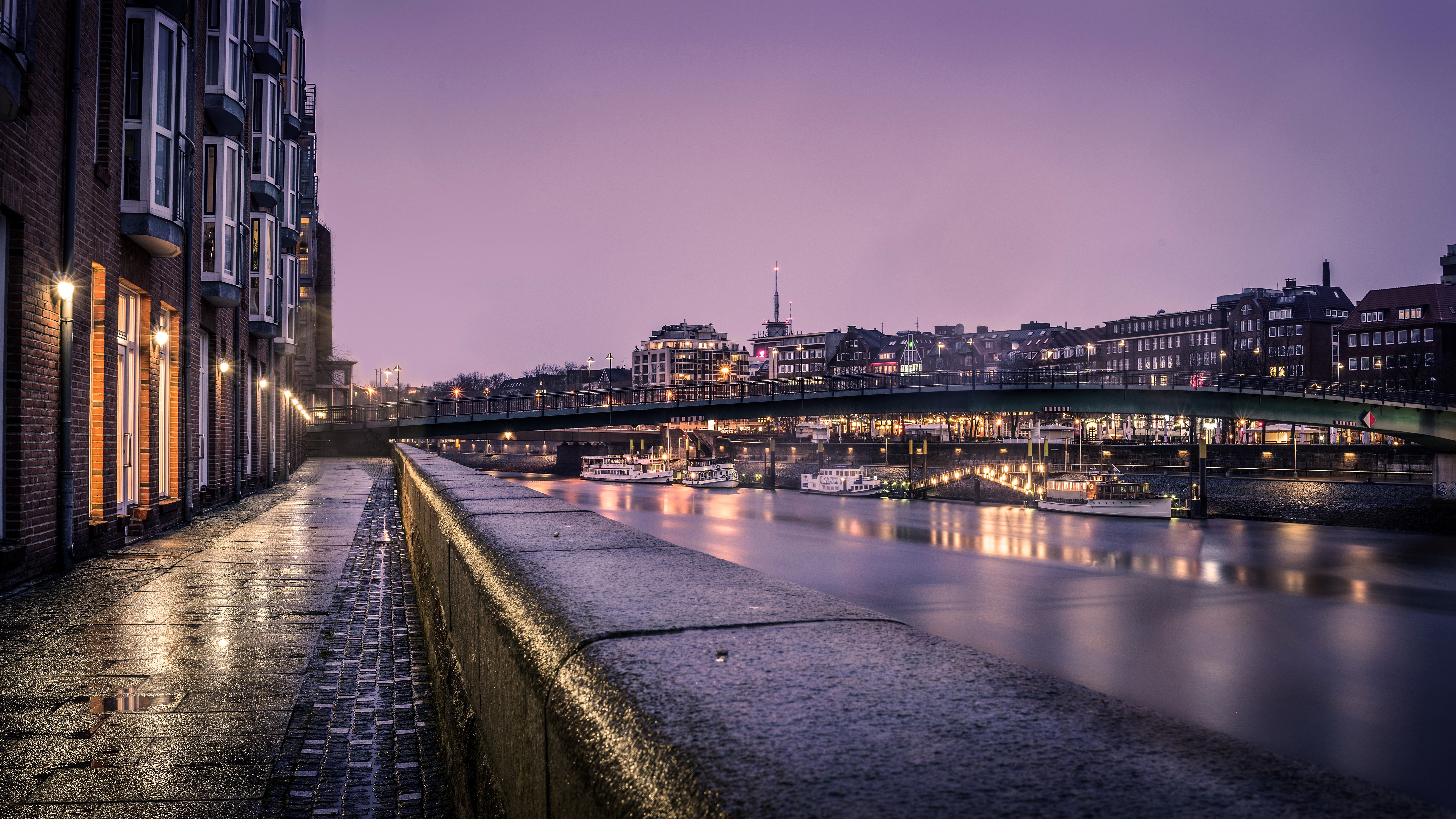 germany, Houses, Rivers, Bridges, Ships, Night, Street, Lights, Street, Bremen, Cities Wallpaper