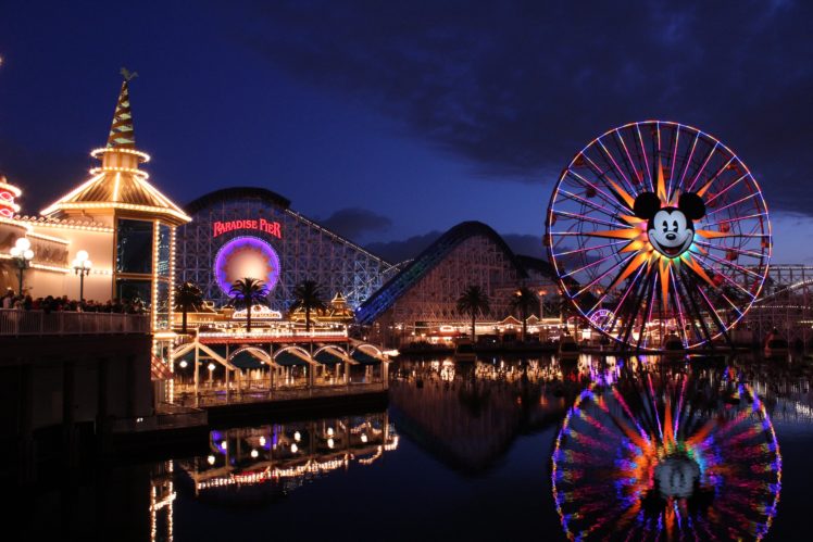 usa, Disneyland, Night, Ferris, Wheel, California, Paradise, Pier, Adventure, Resort, Cities HD Wallpaper Desktop Background