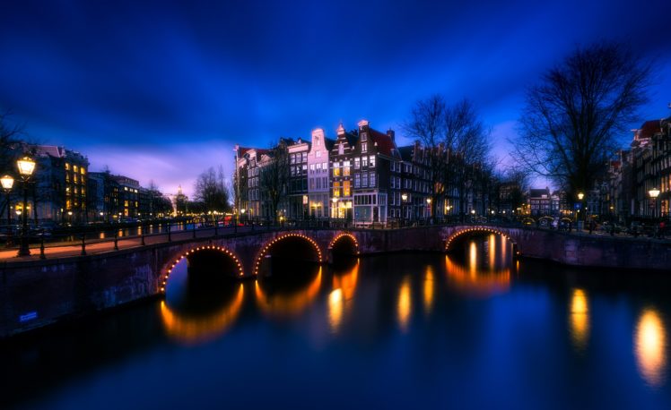 amsterdam, Netherlands, Houses, Bridges, Canal, Night, Street, Lights, Cities HD Wallpaper Desktop Background