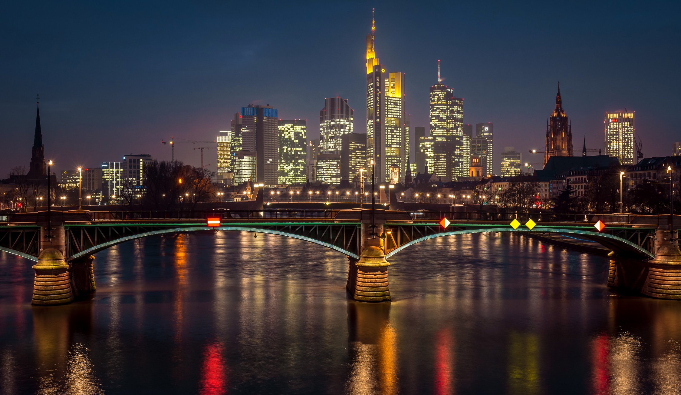 germany, Houses, Rivers, Bridges, Night, Street, Lights, Frankfurt, Cities Wallpaper